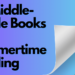 Image card for article on "27 Middle-Grade Books for Summertime Reading. Text on right oon top of gradient background with Image of book on bottom right opening up to summertime themes.