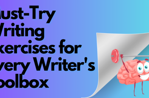 Title card image for article Must-Try Writing Exercises for Every Writer's Toolbox. Shows title of article on left in black text with a cartoon brain lifting weights on bottom right of card. All on transparent gradient blue and purple background.