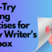 Title card image for article Must-Try Writing Exercises for Every Writer's Toolbox. Shows title of article on left in black text with a cartoon brain lifting weights on bottom right of card. All on transparent gradient blue and purple background.