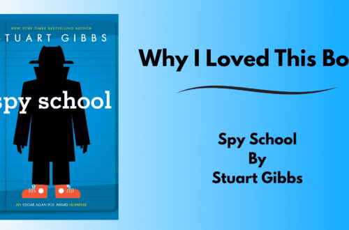 Article title card for Stuart Gibbs' middle-grade novel Spy School. Image of cover on left side with title of article on right side onn gradient blue background.
