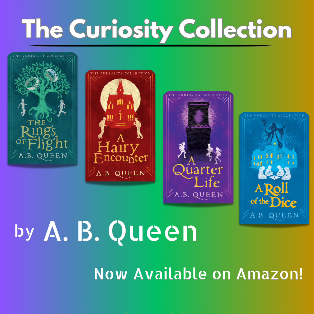 The four books of The Curiosity Collection scaled from left to right, top to bottom on a rainbow background stating "Now available on Amazon"